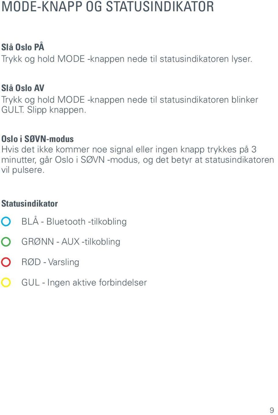 Oslo i SØVN-modus Hvis det ikke kommer noe signal eller ingen knapp trykkes på 3 minutter, går Oslo i SØVN -modus, og