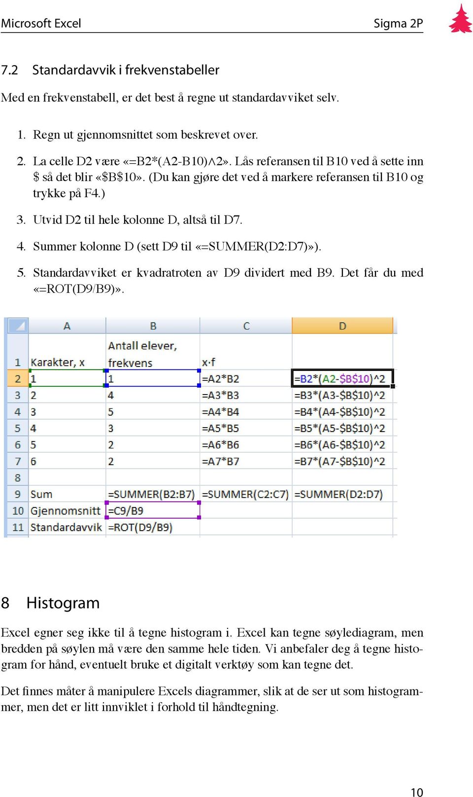 Summer kolonne D (sett D9 til «=SUMMER(D2:D7)»). 5. Standardavviket er kvadratroten av D9 dividert med B9. Det får du med «=ROT(D9/B9)». 8 Histogram Excel egner seg ikke til å tegne histogram i.