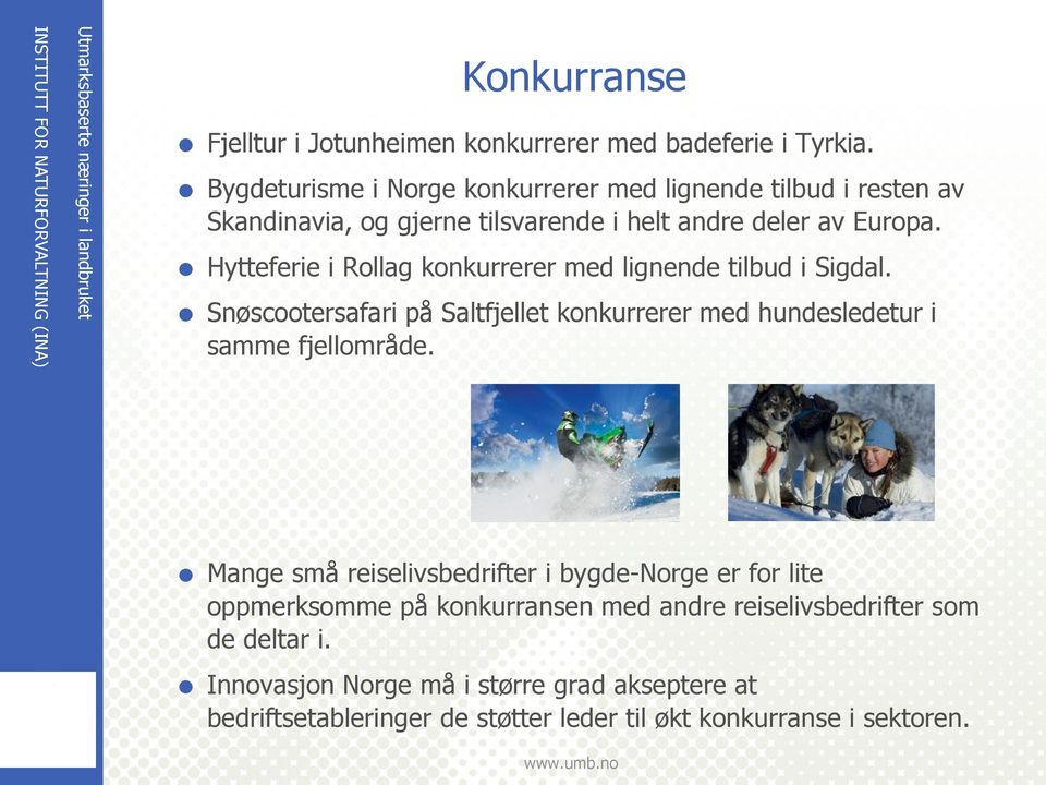Hytteferie i Rollag konkurrerer med lignende tilbud i Sigdal. Snøscootersafari på Saltfjellet konkurrerer med hundesledetur i samme fjellområde.