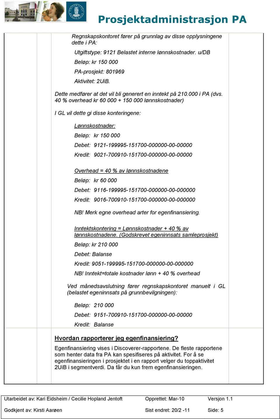 40 % overhead kr 60 000 + 150 000 lønnskostnader) I GL vil dette gi disse konteringene: Lønnskostnader: Debet: 9121-199995-151700-000000-00-00000 Kredit: 9021-700910-151700-000000-00-00000 Overhead =