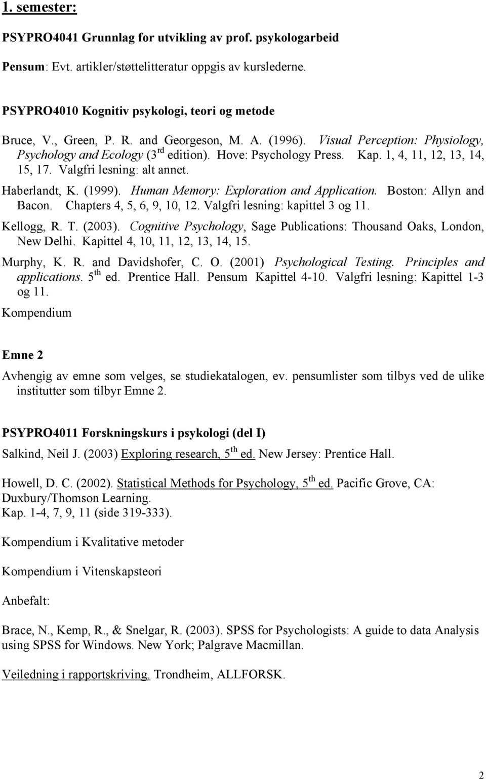 Haberlandt, K. (1999). Human Memory: Exploration and Application. Boston: Allyn and Bacon. Chapters 4, 5, 6, 9, 10, 12. Valgfri lesning: kapittel 3 og 11. Kellogg, R. T. (2003).