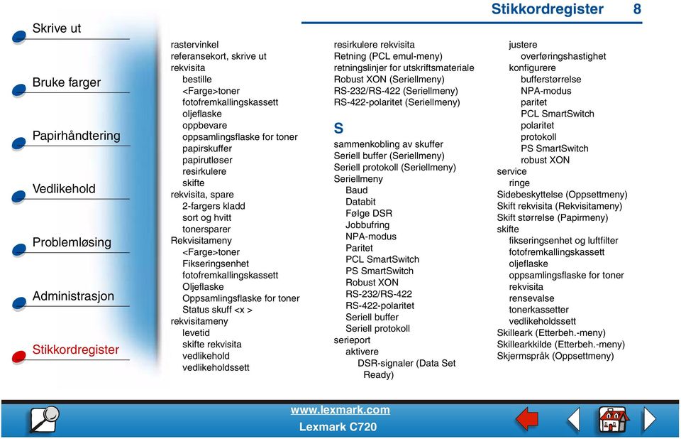 rekvisita vedlikehold vedlikeholdssett resirkulere rekvisita Retning (PCL emul-meny) retningslinjer for utskriftsmateriale Robust XON (Seriellmeny) RS-232/RS-422 (Seriellmeny) RS-422-polaritet