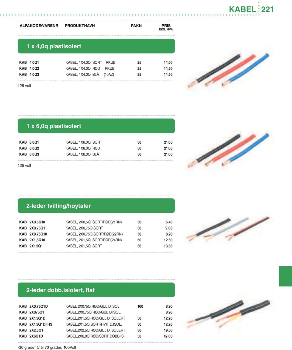 5Q10 KABEL, 2X0,5Q SORT/Rپ0 1D(21RN) 50 6.40 KAB 2X0.75Q1 KABEL, 2X0,75Q SORT 50 9.00 KAB 2X0.75Q10 KABEL, 2X0,75Q SORT/Rپ0 1D(22RN) 50 8.20 KAB 2X1,5Q10 KABEL, 2X1,5Q SORT/Rپ0 1D(24RN) 50 12.