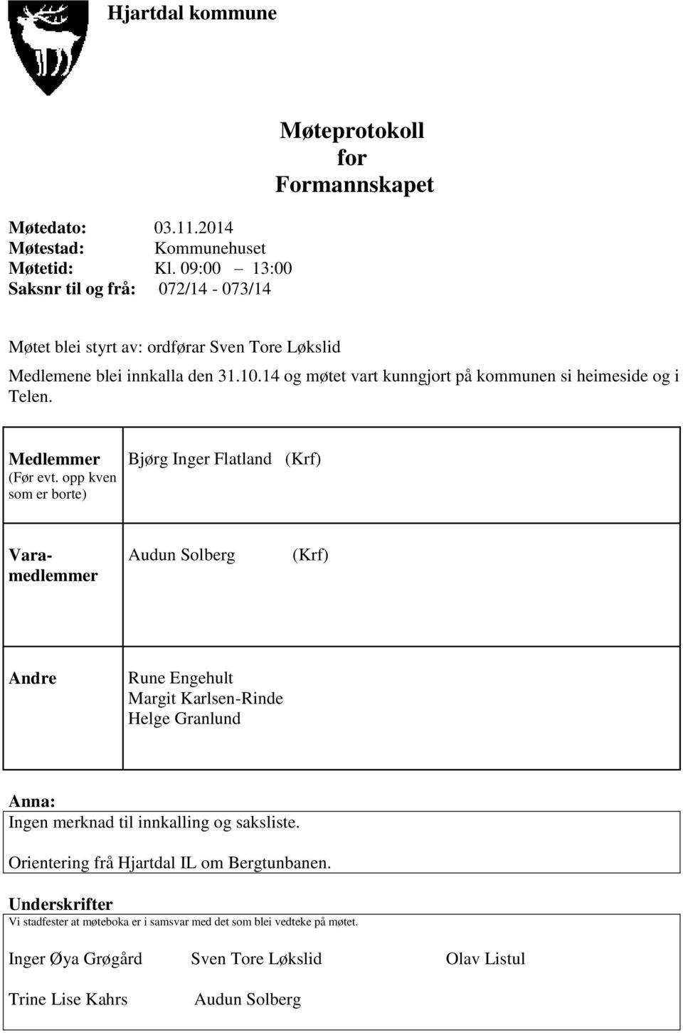 14 og møtet vart kunngjort på kommunen si heimeside og i Telen. Medlemmer (Før evt.