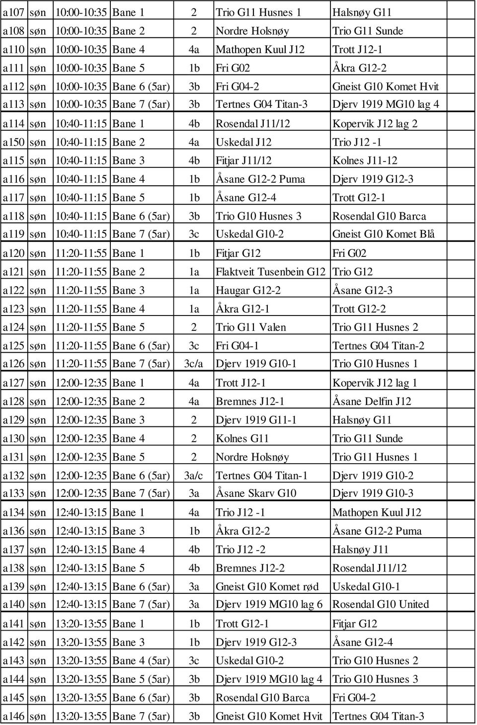 10:40-11:15 Bane 1 4b Rosendal J11/12 Kopervik J12 lag 2 a150 søn 10:40-11:15 Bane 2 4a Uskedal J12 Trio J12-1 a115 søn 10:40-11:15 Bane 3 4b Fitjar J11/12 Kolnes J11-12 a116 søn 10:40-11:15 Bane 4