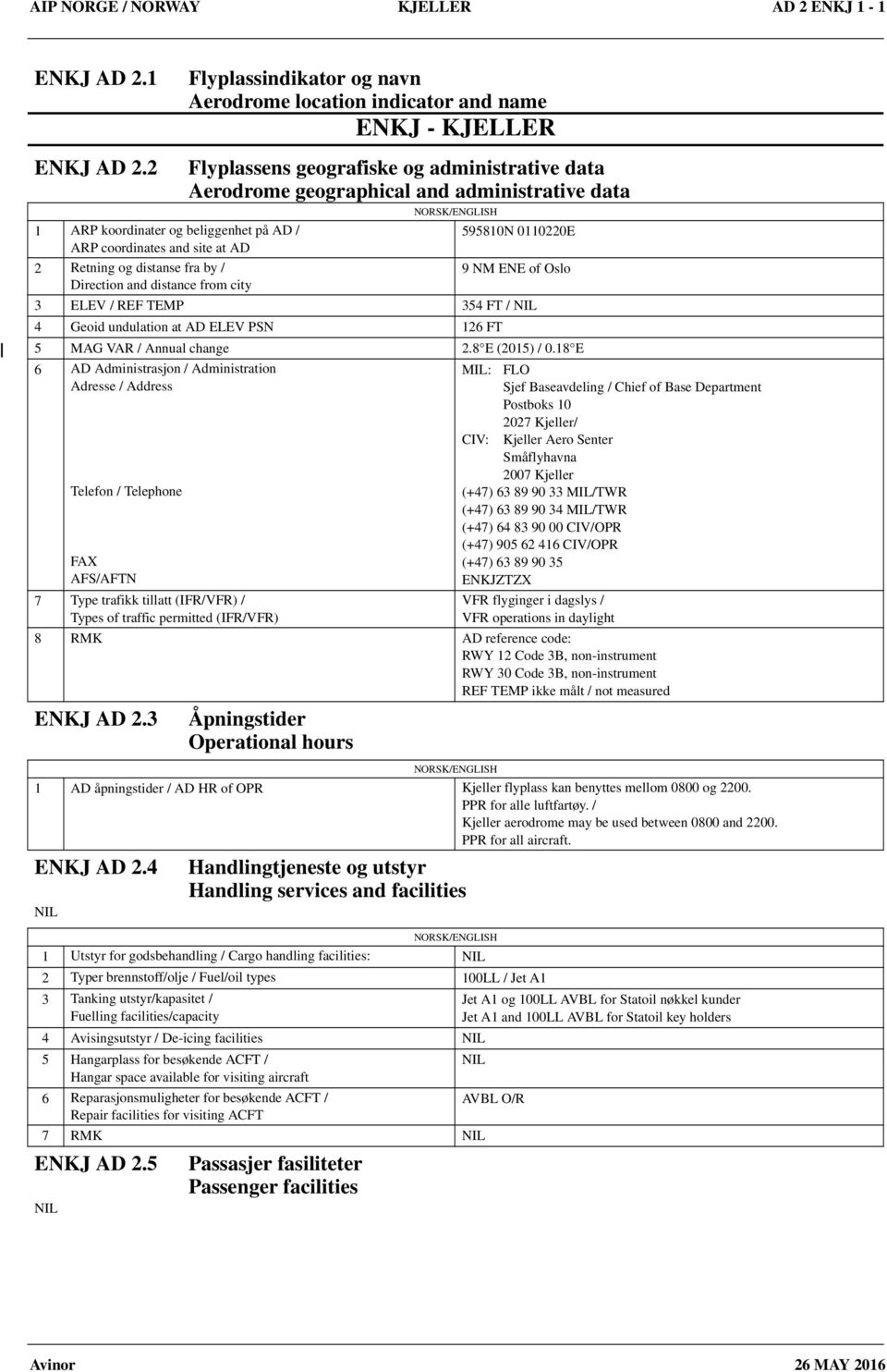 name ENKJ Flyplassens geografiske og administrative data Aerodrome geographical and administrative data 595810N 0110220E 9 NM ENE of Oslo 3 ELEV / REF TEMP 354 FT / 4 Geoid undulation at AD ELEV PSN