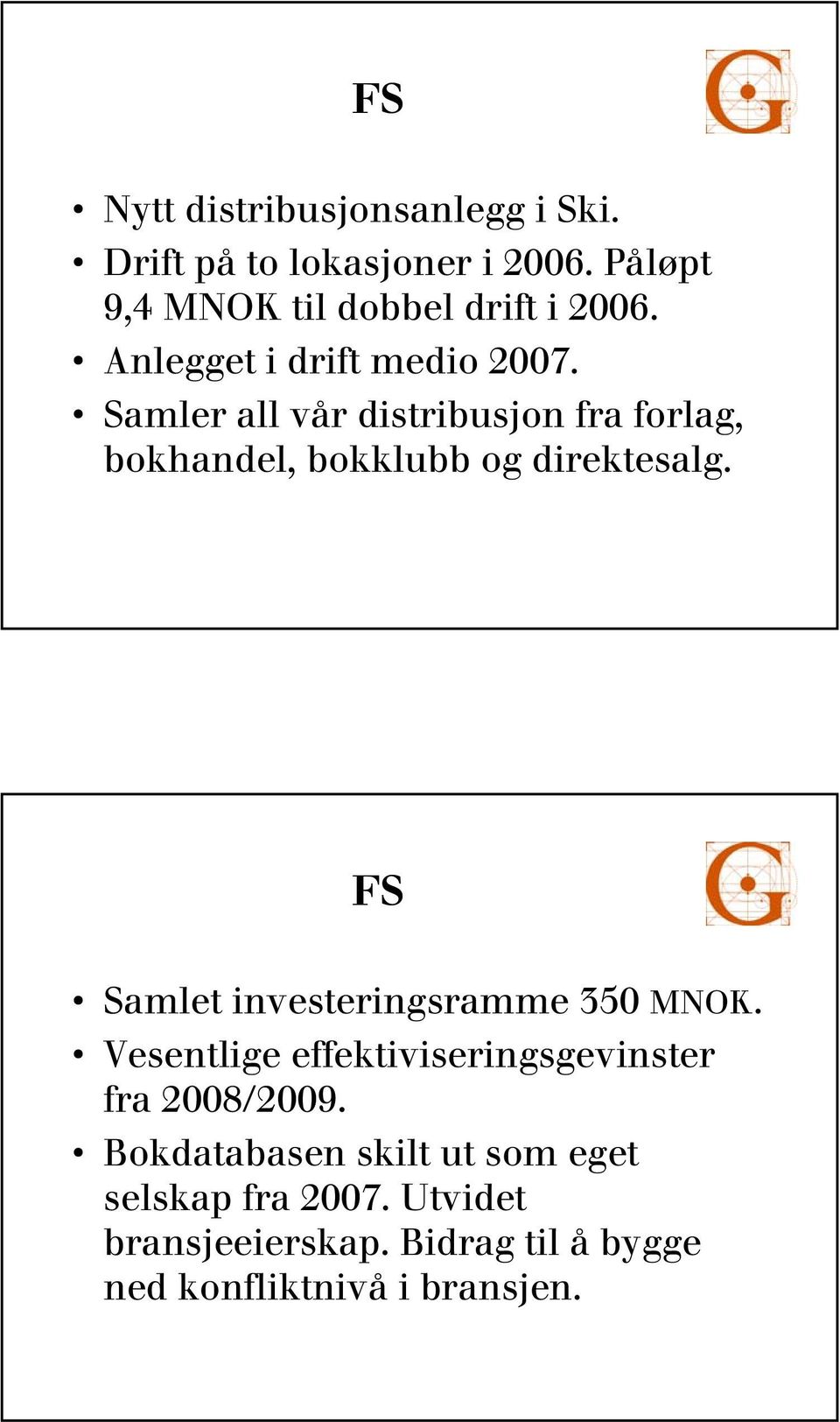 FS Samlet investeringsramme 350 MNOK. Vesentlige effektiviseringsgevinster fra 2008/2009.