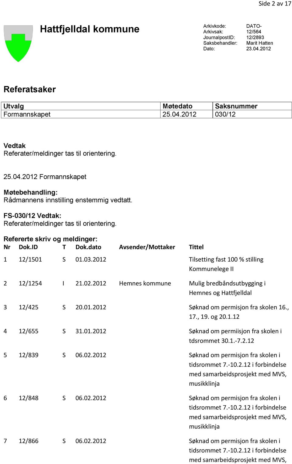 dato Avsender/Mottaker Tittel 1 12/1501 S 01.03.2012 Tilsetting fast 100 % stilling Kommunelege II 2 12/1254 I 21.02.