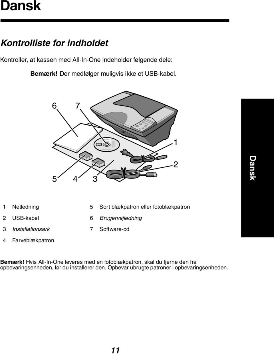 1 Netledning 5 Sort blækpatron eller fotoblækpatron 2 USB-kabel 6 Brugervejledning 3 Installationsark 7