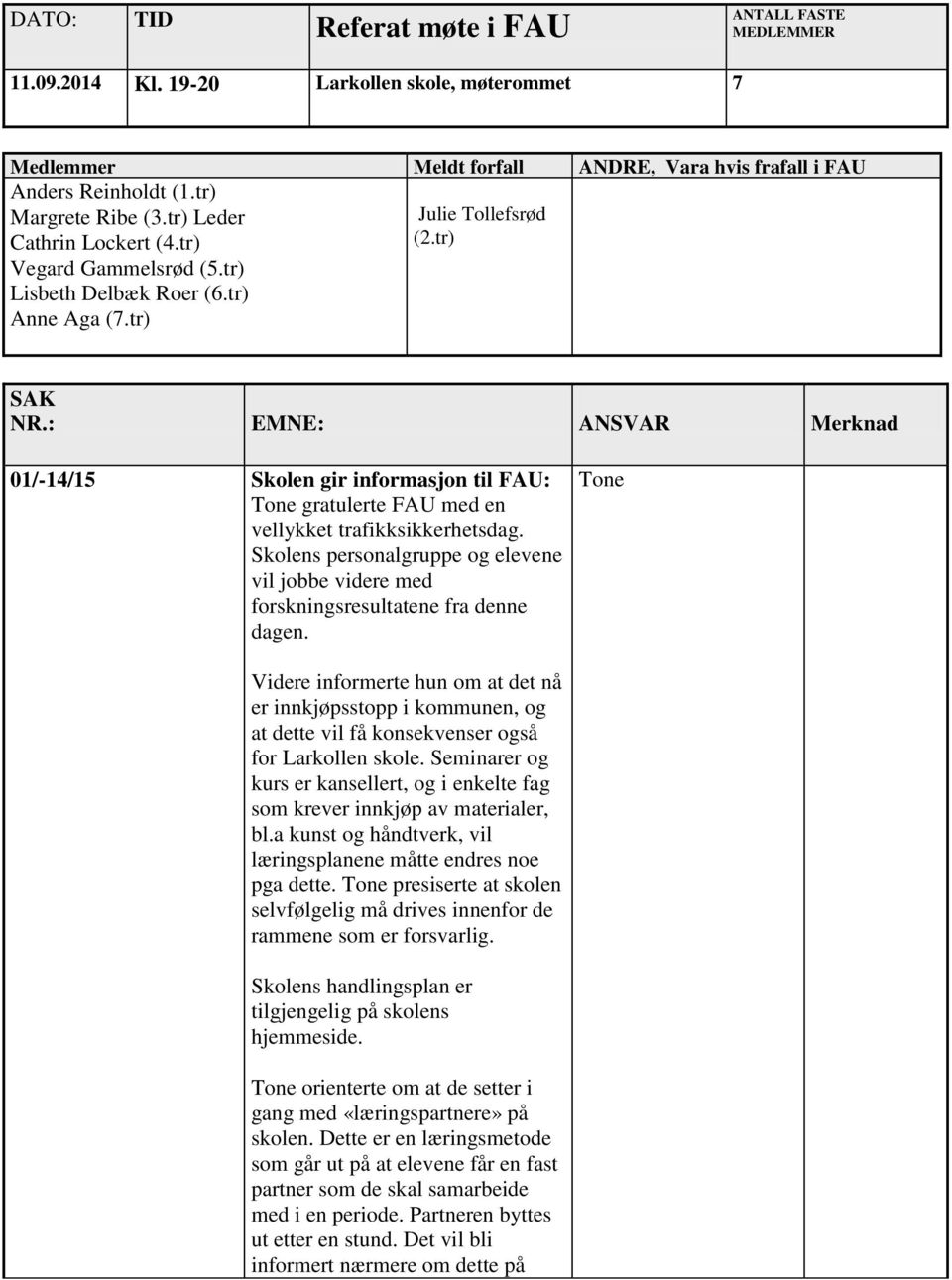 : EMNE: ANSVAR Merknad 01/-14/15 Skolen gir informasjon til FAU: Tone gratulerte FAU med en vellykket trafikksikkerhetsdag.