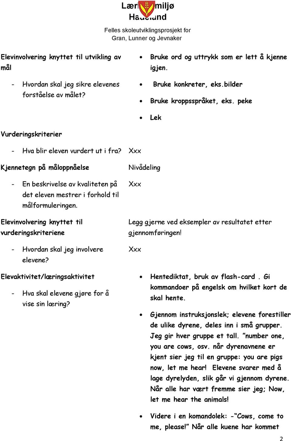 Xxx Kjennetegn på måloppnåelse - En beskrivelse av kvaliteten på det eleven mestrer i forhold til målformuleringen.