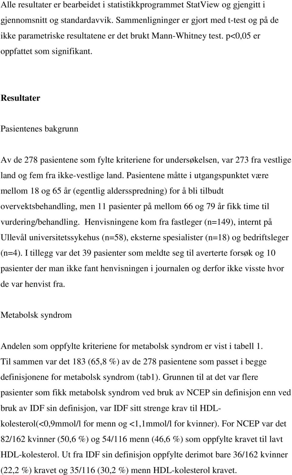 Resultater Pasientenes bakgrunn Av de 278 pasientene som fylte kriteriene for undersøkelsen, var 273 fra vestlige land og fem fra ikke-vestlige land.