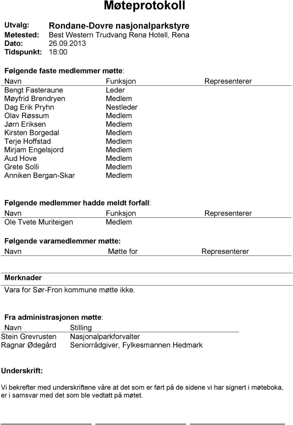 Hoffstad Mirjam Engelsjord Aud Hove Grete Solli Anniken Bergan-Skar Følgende medlemmer hadde meldt forfall: Navn Funksjon Representerer Ole Tvete Muriteigen Følgende varamedlemmer møtte: Navn Møtte