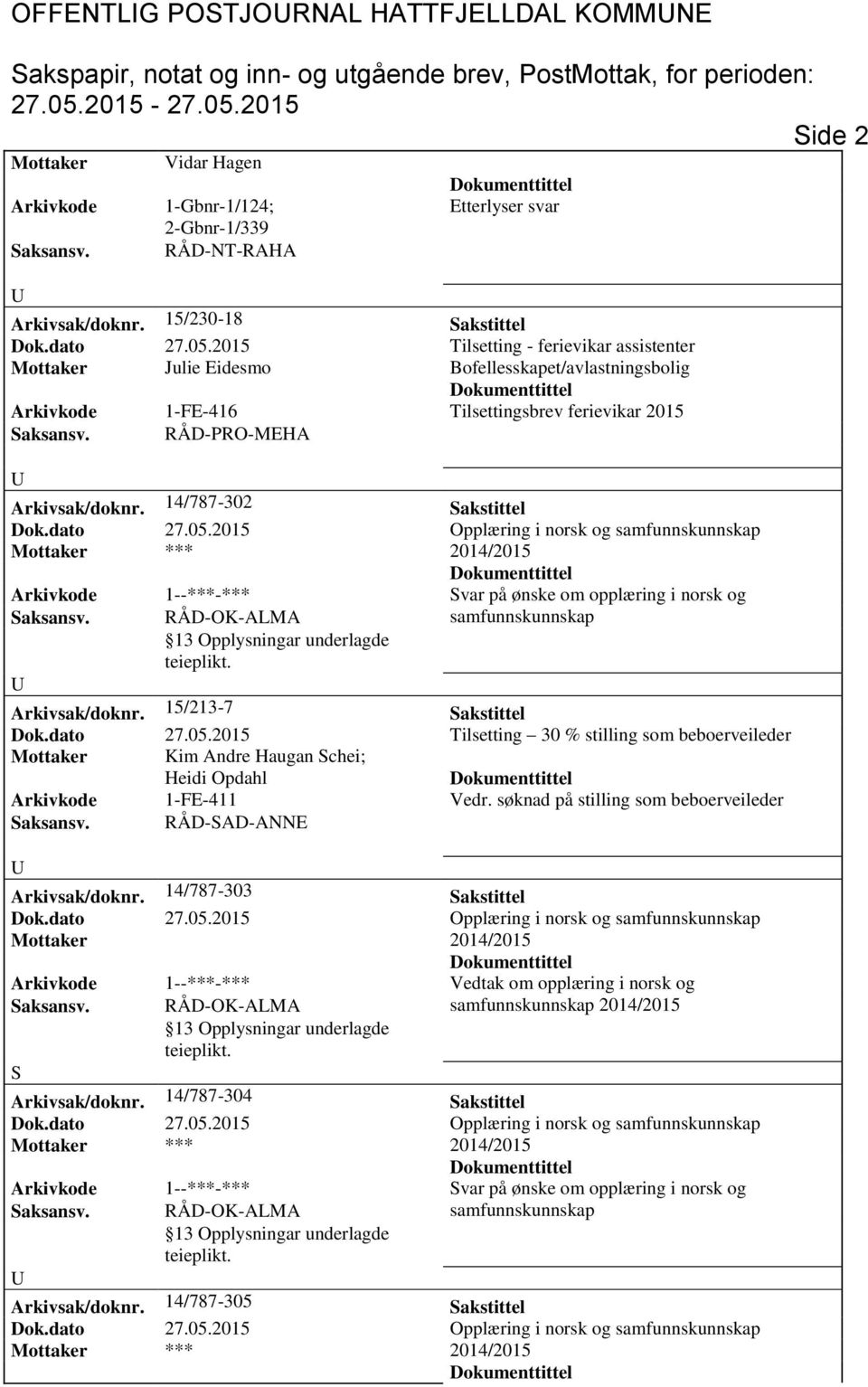 2015 Tilsetting 30 % stilling som beboerveileder Mottaker Kim Andre Haugan Schei; Heidi Opdahl Arkivkode 1-FE-411 Vedr.