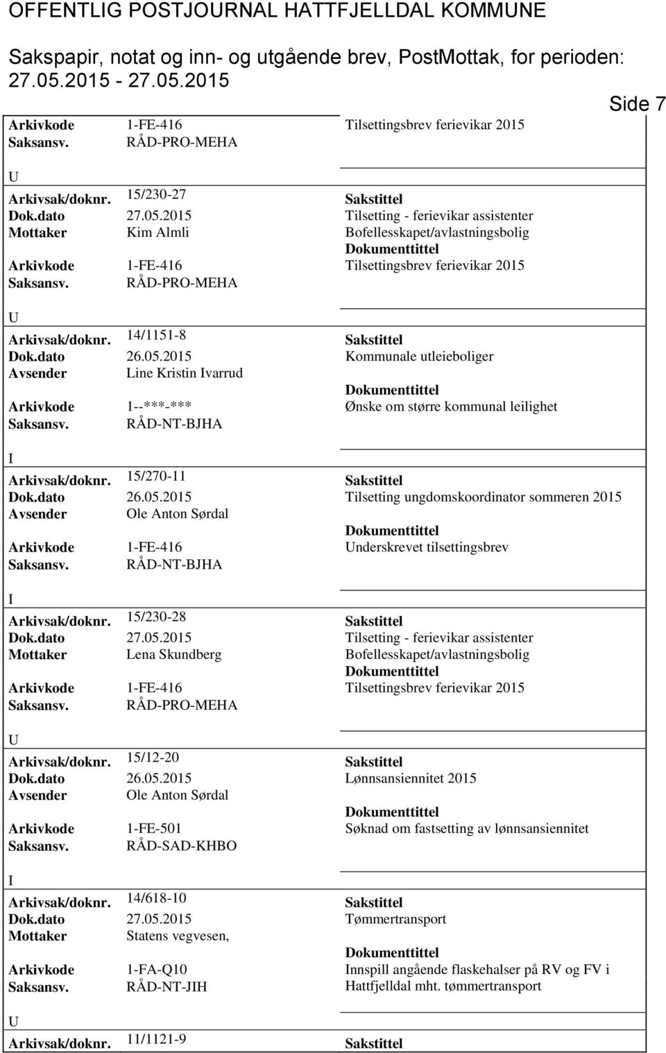 2015 Tilsetting ungdomskoordinator sommeren 2015 Avsender Ole Anton Sørdal Arkivkode 1-FE-416 nderskrevet tilsettingsbrev Arkivsak/doknr. 15/230-28 Sakstittel Mottaker Lena Skundberg Arkivsak/doknr.