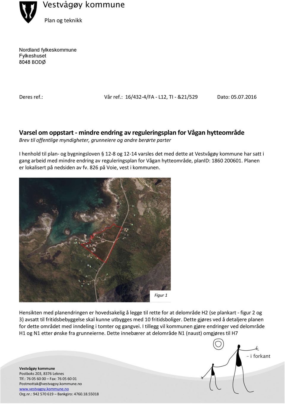 12-14 varsles det med dette at Vestvågøy kommune har satt i gang arbeid med mindre endring av reguleringsplan for Vågan hytteområde, planid: 1860 200601. Planen er lokalisert på nedsiden av fv.