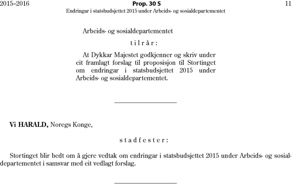 framlagt forslag til proposisjon til Stortinget om endringar i statsbudsjettet 2015 under Arbeids- og