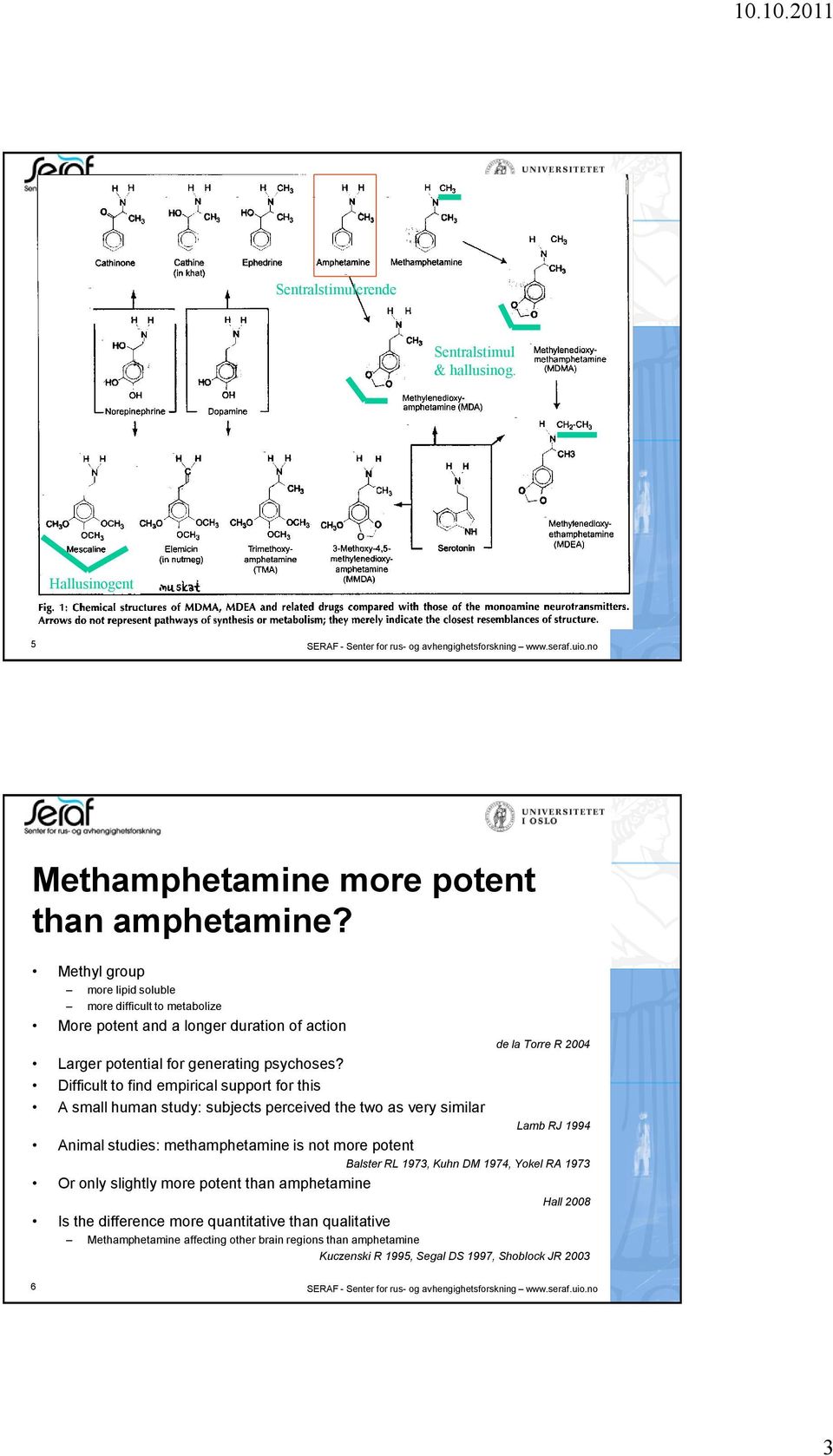 Difficult to find empirical support for this A small human study: subjects perceived the two as very similar de la Torre R 2004 Lamb RJ 1994 Animal studies: methamphetamine is not more potent Balster