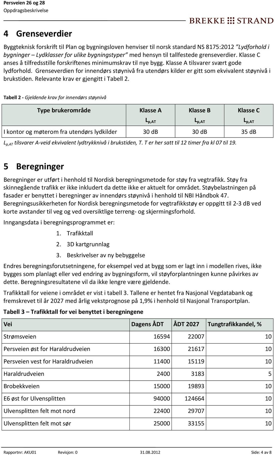 Grenseverdien for innendørs støynivå fra utendørs kilder er gitt som ekvivalent støynivå i brukstiden. Relevante krav er gjengitt i Tabell 2.