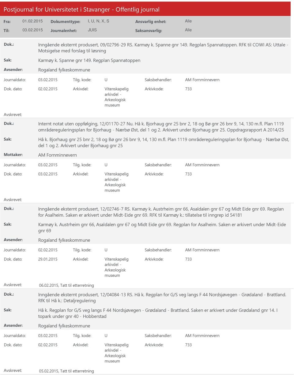 02.2015 Arkivdel: Vitenskapelig Arkivkode: 733 arkivdel - Arkeologisk museum Internt notat uten oppfølging, 12/01170-27 Nu. Hå k. Bjorhaug gnr 25 bnr 2, 18 og Bø gnr 26 bnr 9, 14, 130 m.fl.