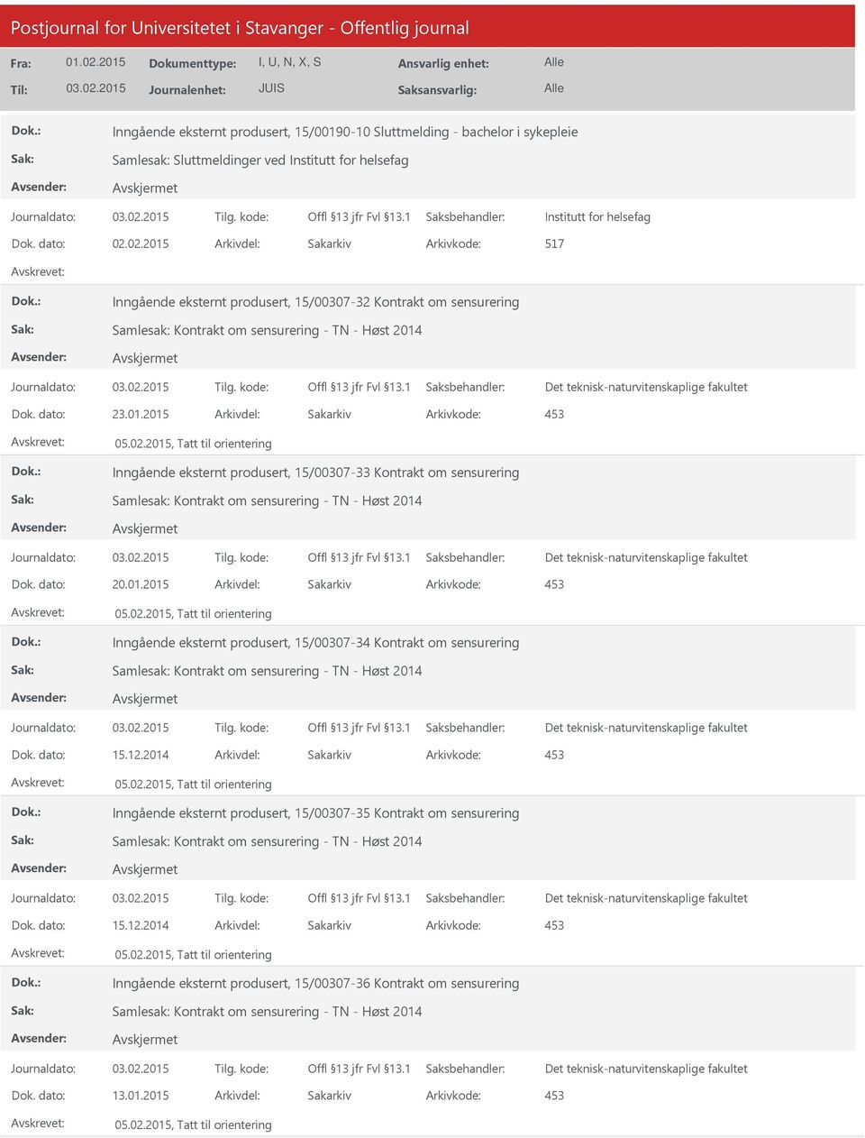 dato: 20.01.2015 Arkivdel: Sakarkiv Inngående eksternt produsert, 15/00307-34 Kontrakt om sensurering Dok. dato: 15.12.