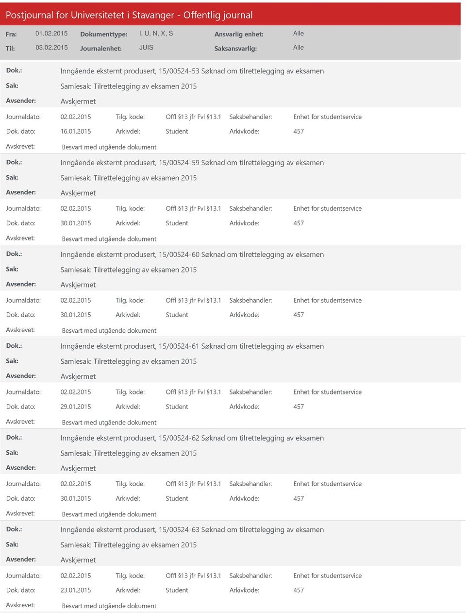 tilrettelegging av eksamen Inngående eksternt produsert, 15/00524-61 Søknad om tilrettelegging av eksamen Dok. dato: 29.01.