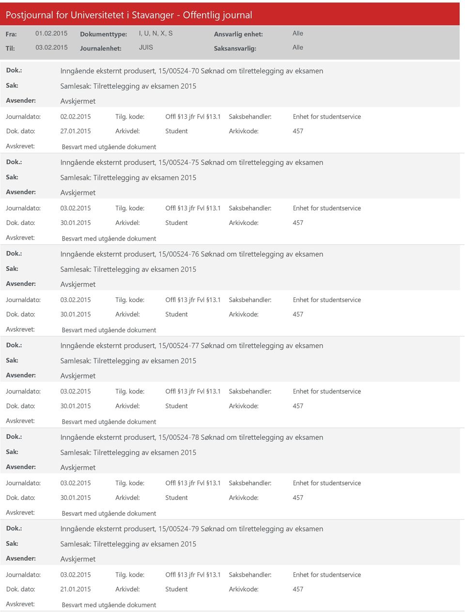 2015 Arkivdel: Student Inngående eksternt produsert, 15/00524-75 Søknad om tilrettelegging av eksamen Inngående eksternt produsert, 15/00524-76 Søknad om