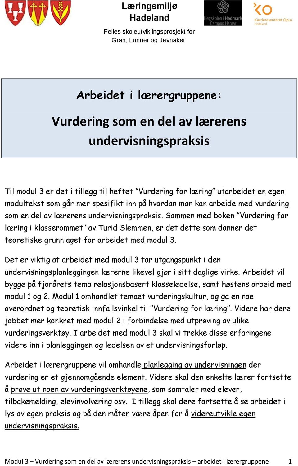 Sammen med boken Vurdering for læring i klasserommet av Turid Slemmen, er det dette som danner det teoretiske grunnlaget for arbeidet med modul 3.