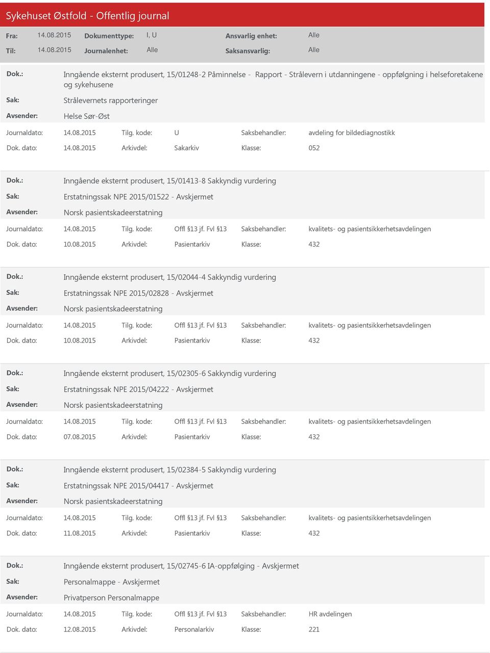 2015 Arkivdel: Pasientarkiv Inngående eksternt produsert, 15/02044-4 Sakkyndig vurdering Erstatningssak NPE 2015/02828 - Norsk pasientskadeerstatning Dok. dato: 10.08.