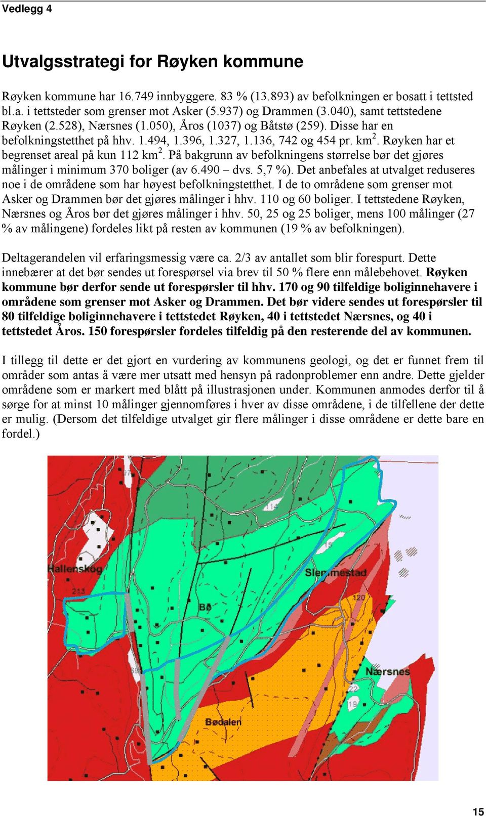 Røyken har et begrenset areal på kun 112 km 2. På bakgrunn av befolkningens størrelse bør det gjøres målinger i minimum 370 boliger (av 6.490 dvs. 5,7 %).