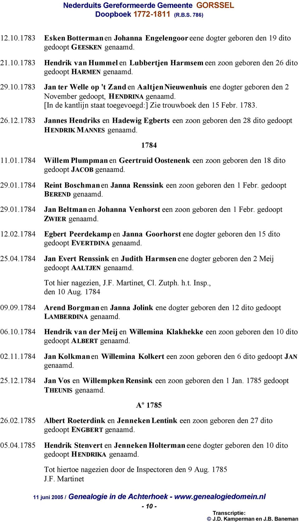 1783 Jannes Hendriks en Hadewig Egberts een zoon geboren den 28 dito gedoopt HENDRIK MANNES genaamd. 1784 11.01.