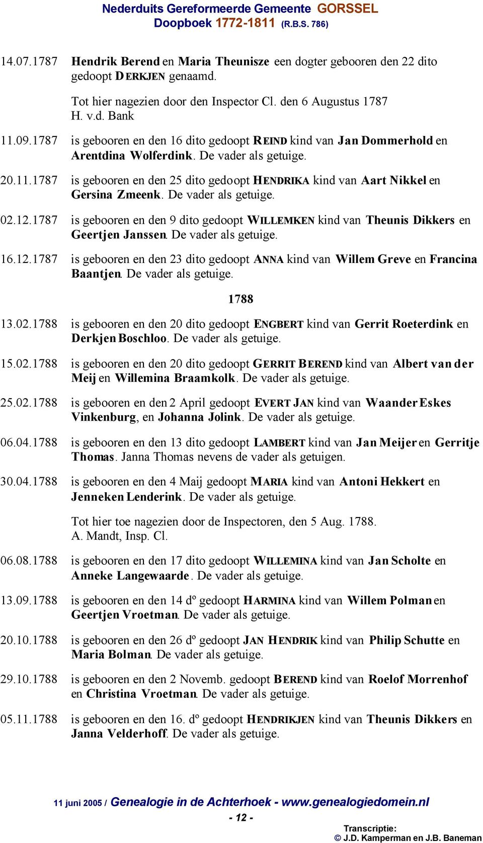 1787 is gebooren en den 25 dito gedoopt HENDRIKA kind van Aart Nikkel en Gersina Zmeenk. De vader als getuige. 02.12.