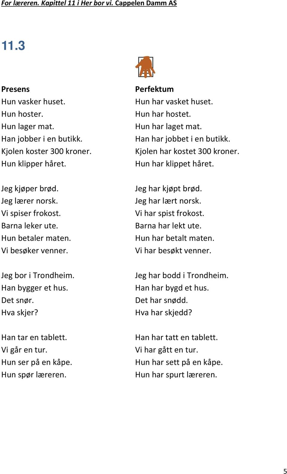 Perfektum Hun har vasket huset. Hun har hostet. Hun har laget mat. Han har jobbet i en butikk. Kjolen har kostet 300 kroner. Hun har klippet håret. Jeg har kjøpt brød. Jeg har lært norsk.