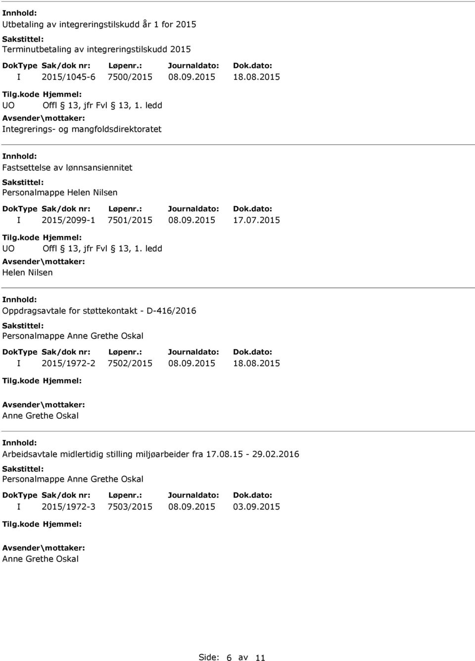 2015 O Helen Nilsen Oppdragsavtale for støttekontakt - D-416/2016 Personalmappe Anne Grethe Oskal 2015/1972-2 7502/2015 18.08.