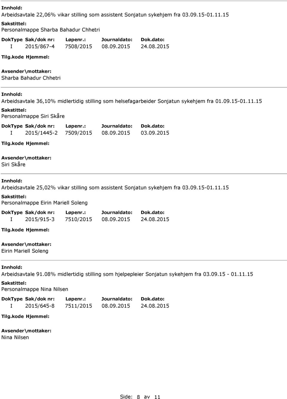 15 Personalmappe Siri Skåre 2015/1445-2 7509/2015 03.09.2015 Siri Skåre Arbeidsavtale 25,02% vikar stilling som assistent Sonjatun sykehjem fra 03.09.15-01.11.