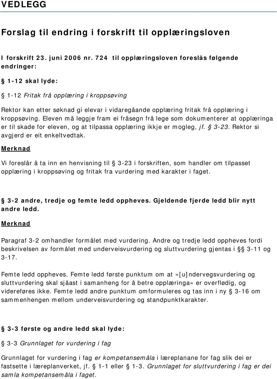 kroppsøving. Eleven må leggje fram ei fråsegn frå lege som dokumenterer at opplæringa er til skade for eleven, og at tilpassa opplæring ikkje er mogleg, jf. 3-23.