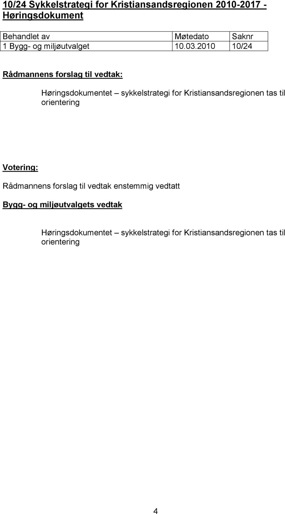 2010 10/24 Høringsdokumentet sykkelstrategi for Kristiansandsregionen tas til