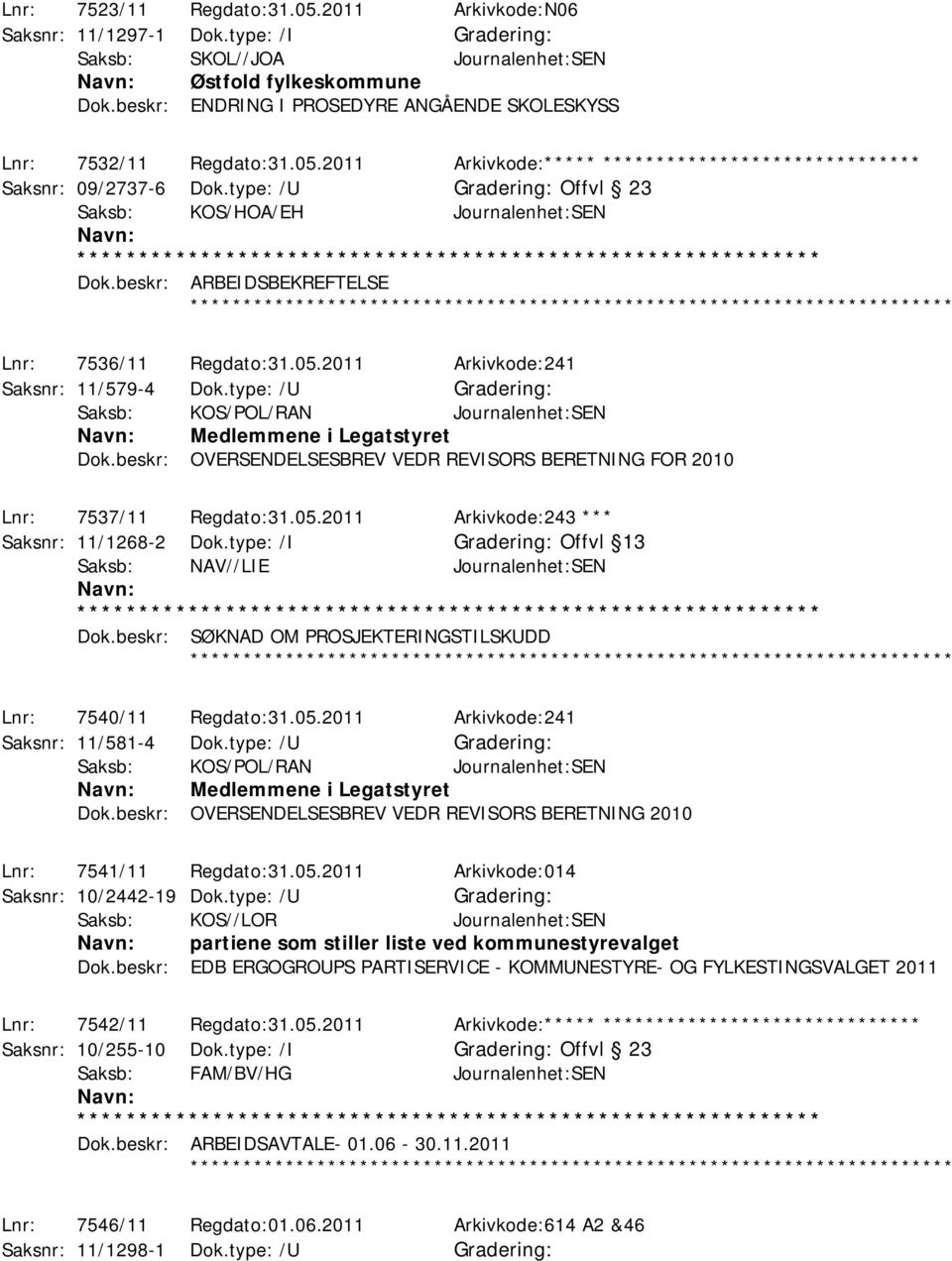 type: /U Offvl 23 Saksb: KOS/HOA/EH Journalenhet:SEN Dok.beskr: ARBEIDSBEKREFTELSE ************ Lnr: 7536/11 Regdato:31.05.2011 Arkivkode:241 Saksnr: 11/579-4 Dok.