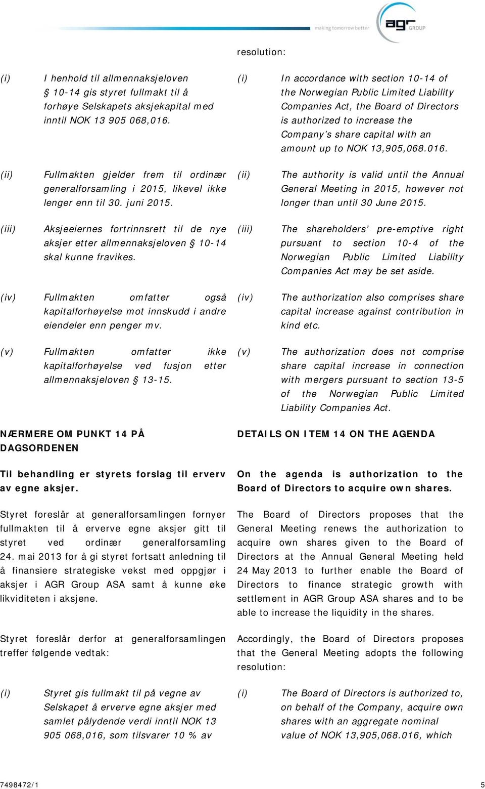 is authorized to increase the Company s share capital with an amount up to NOK 13,905,068.016.