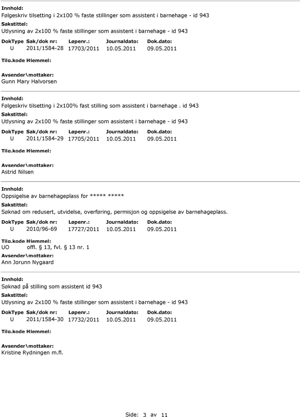 id 943 tlysning av 2x100 % faste stillinger som assistent i barnehage - id 943 2011/1584-29 17705/2011 Astrid Nilsen Oppsigelse av barnehageplass for ***** ***** Søknad om redusert,