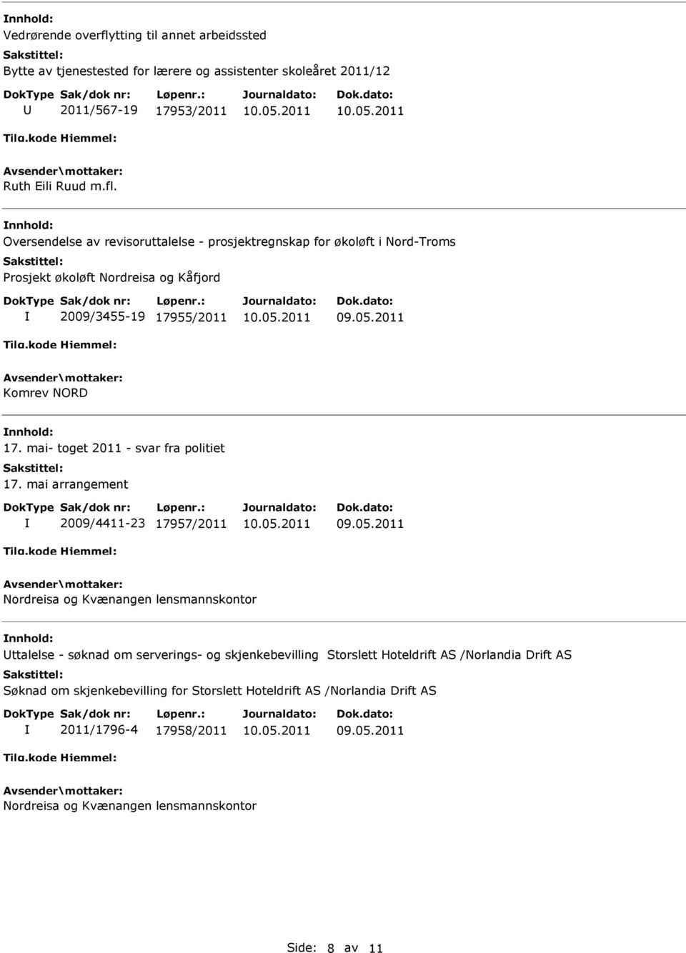 Oversendelse av revisoruttalelse - prosjektregnskap for økoløft i Nord-Troms Prosjekt økoløft Nordreisa og Kåfjord 2009/3455-19 17955/2011 Komrev NORD 17.