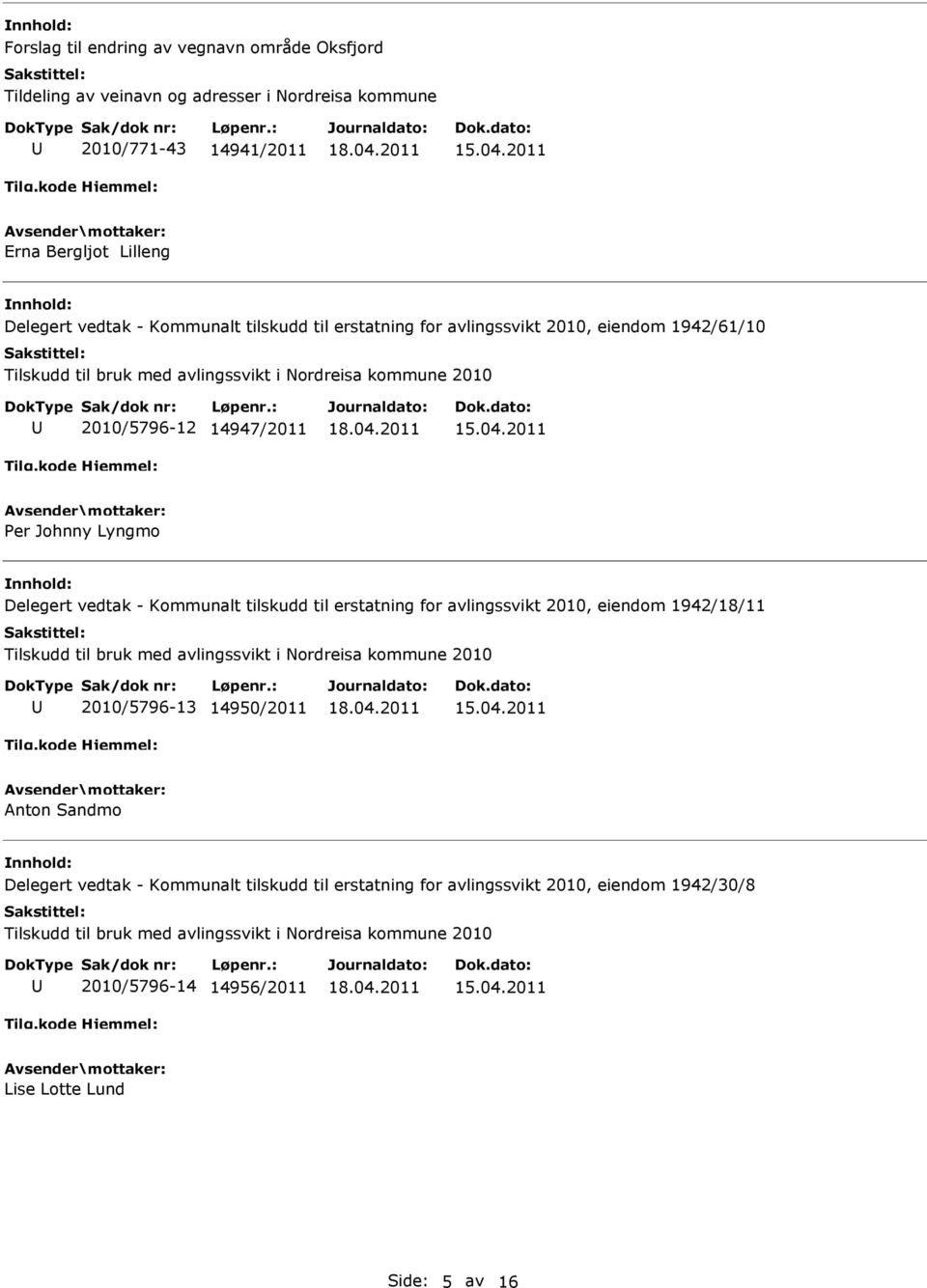 Lyngmo Delegert vedtak - Kommunalt tilskudd til erstatning for avlingssvikt 2010, eiendom 1942/18/11 2010/5796-13 14950/2011 Anton Sandmo