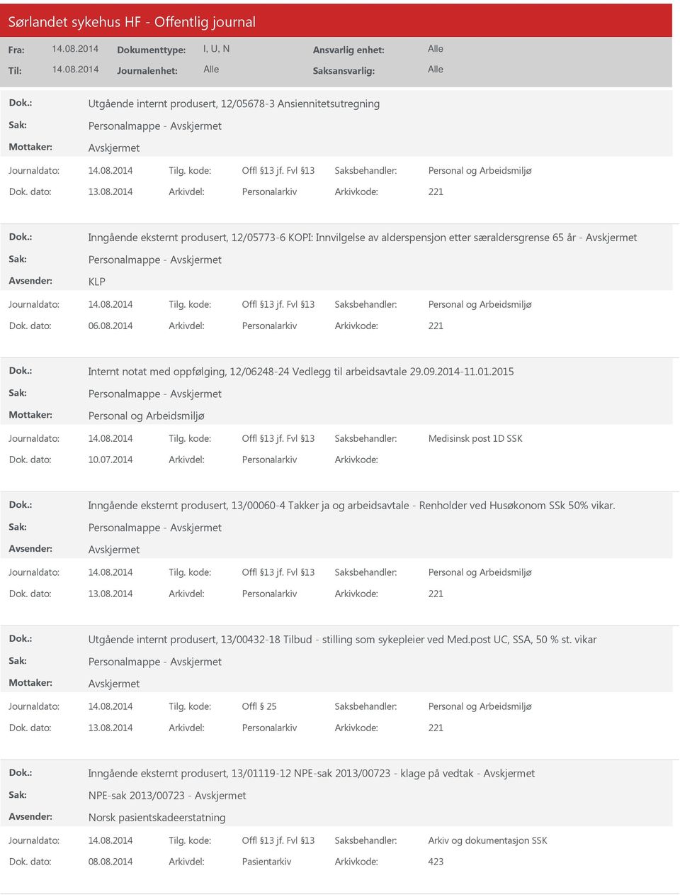 2014 Arkivdel: Personalarkiv Arkivkode: 221 Internt notat med oppfølging, 12/06248-24 Vedlegg til arbeidsavtale 29.09.2014-11.01.2015 Personalmappe - Medisinsk post 1D SSK Dok. dato: 10.07.