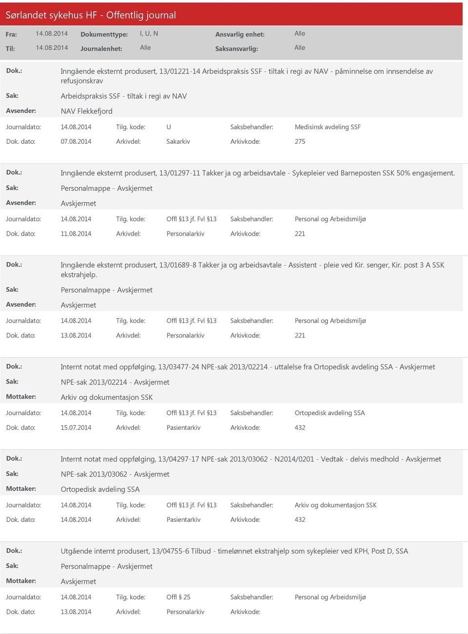 Personalmappe - Dok. dato: 11.08.2014 Arkivdel: Personalarkiv Arkivkode: 221 Inngående eksternt produsert, 13/01689-8 Takker ja og arbeidsavtale - Assistent - pleie ved Kir. senger, Kir.