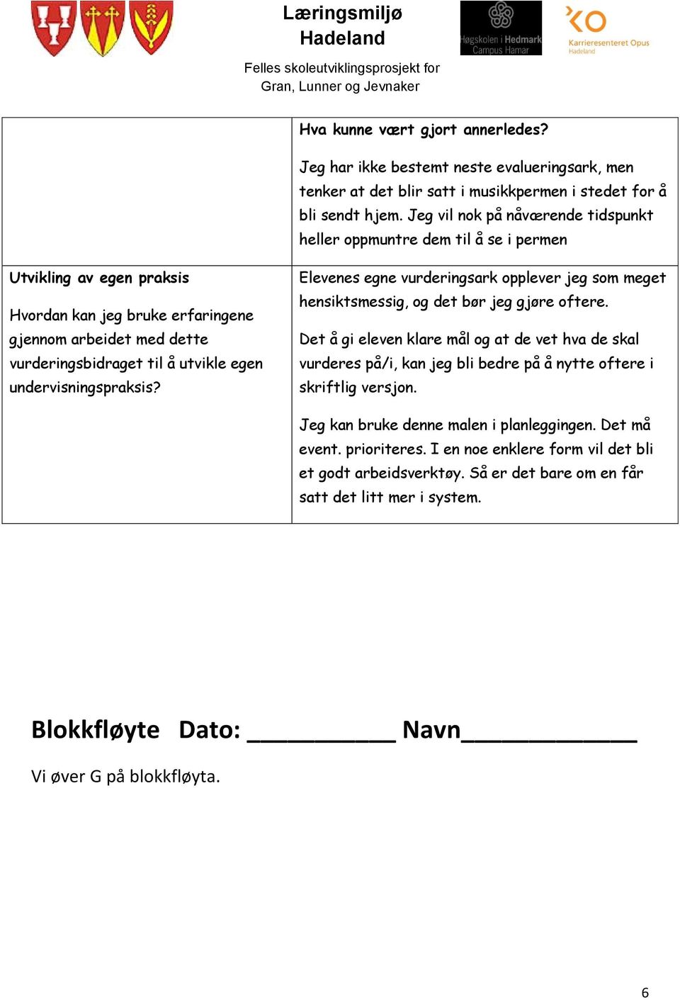 undervisningspraksis? Elevenes egne vurderingsark opplever jeg som meget hensiktsmessig, og det bør jeg gjøre oftere.