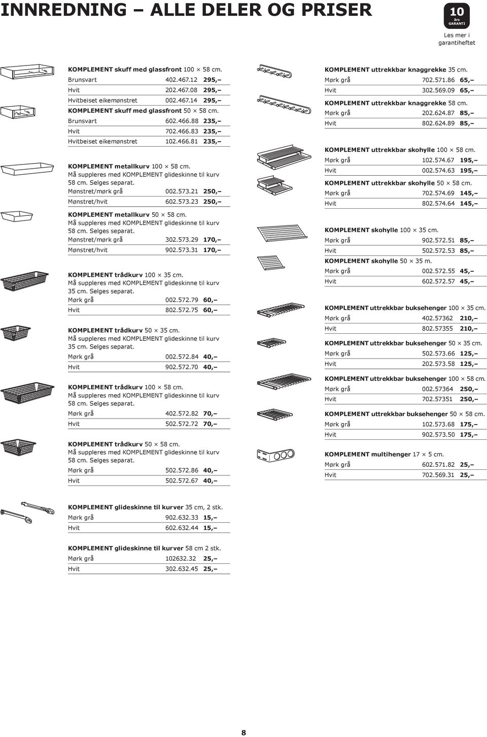 Mønstret/mørk grå 002.573.21 250, Mønstret/hvit 602.573.23 250, KOMPLEMENT metallkurv 50 58 cm. Må suppleres med KOMPLEMENT glideskinne til kurv 58 cm. Selges separat. Mønstret/mørk grå 302.573.29 170, Mønstret/hvit 902.