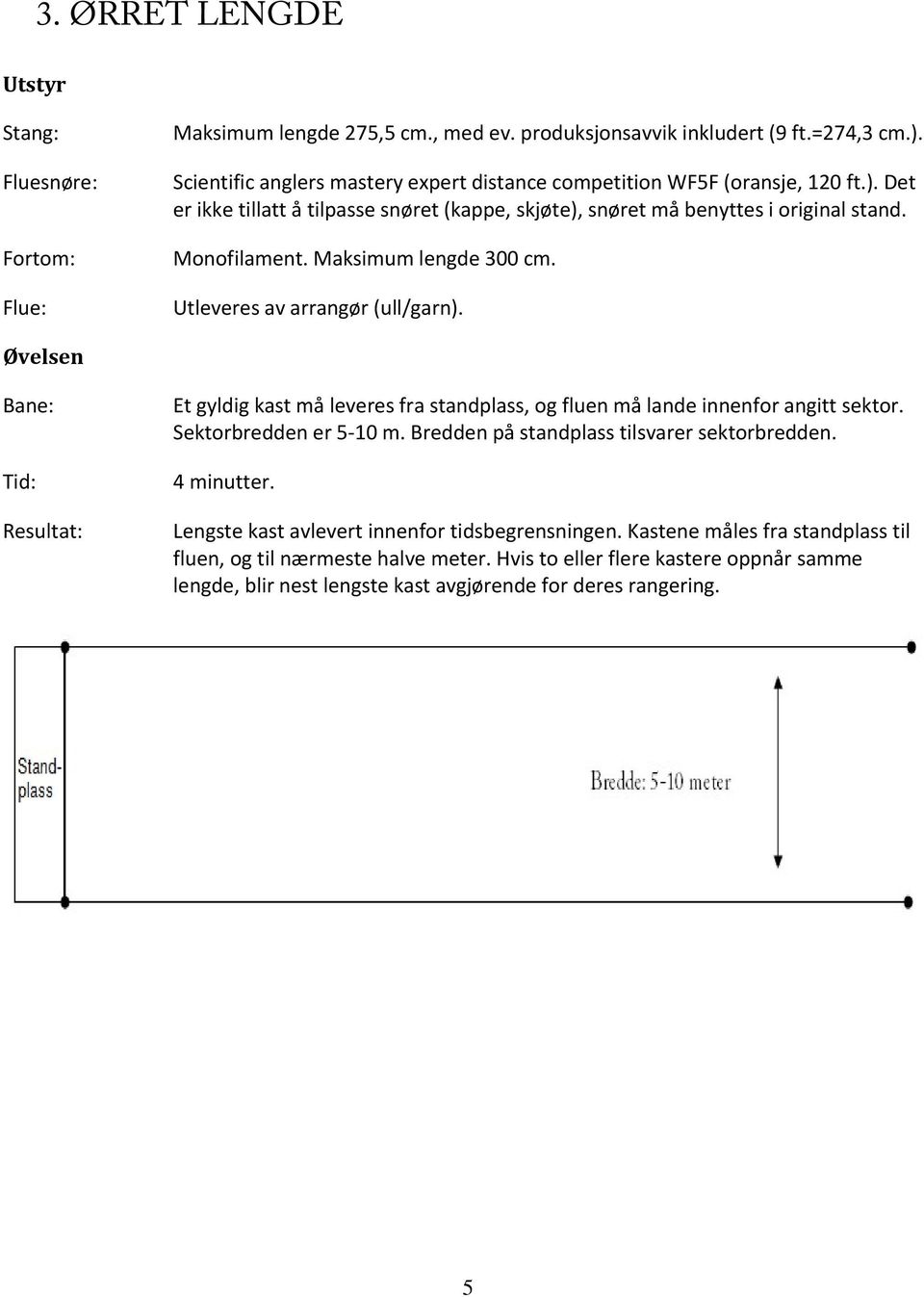 Maksimum lengde 300 cm. Utleveres av arrangør (ull/garn). Et gyldig kast må leveres fra standplass, og fluen må lande innenfor angitt sektor. Sektorbredden er 5 10 m.