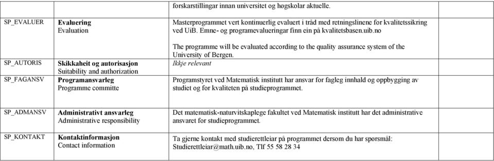 no The programme will be evaluated according to the quality assurance system of the University of Bergen.