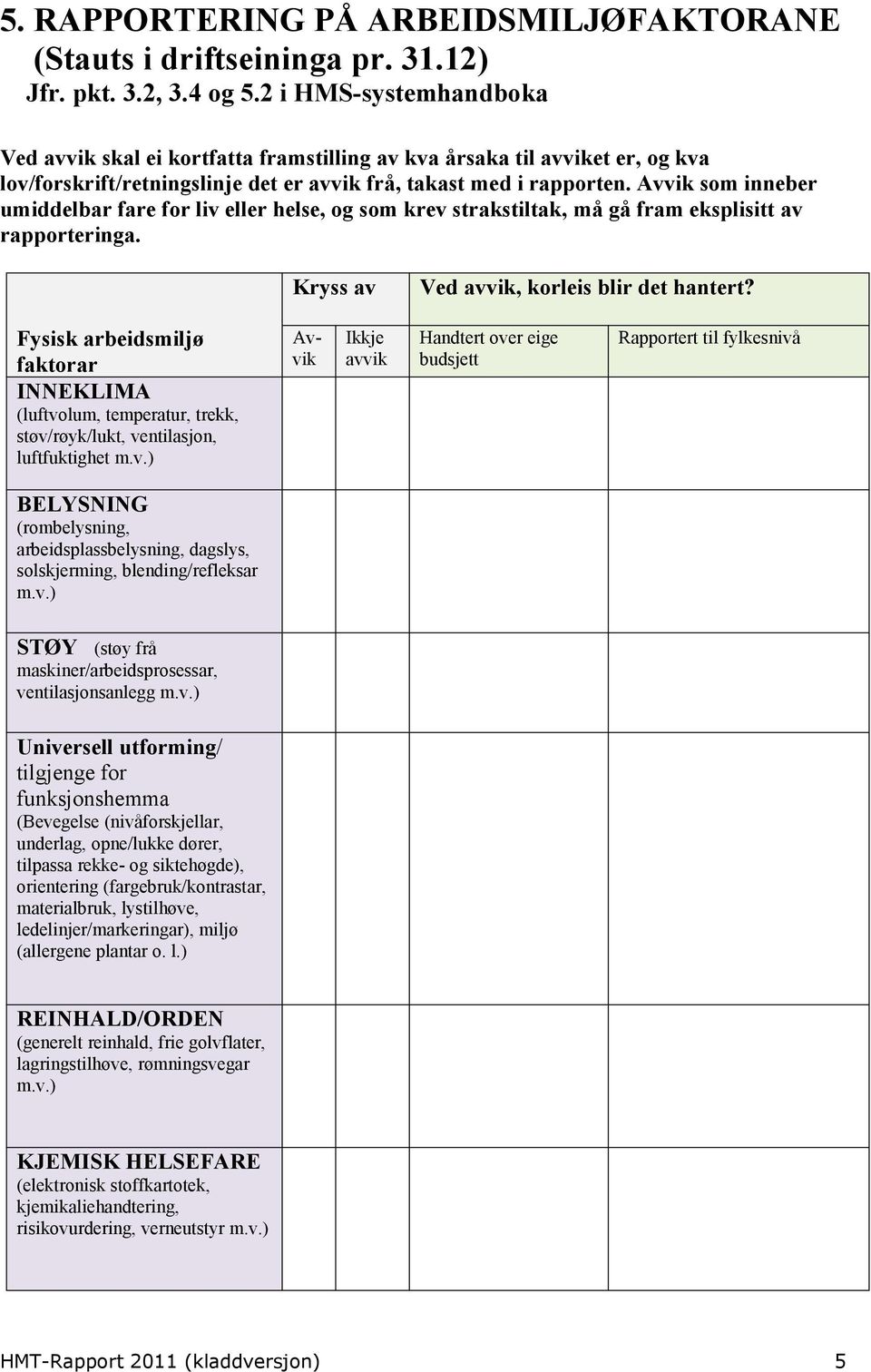 Avvik som inneber umiddelbar fare for liv eller helse, og som krev strakstiltak, må gå fram eksplisitt av rapporteringa. Kryss av Ved avvik, korleis blir det hantert?