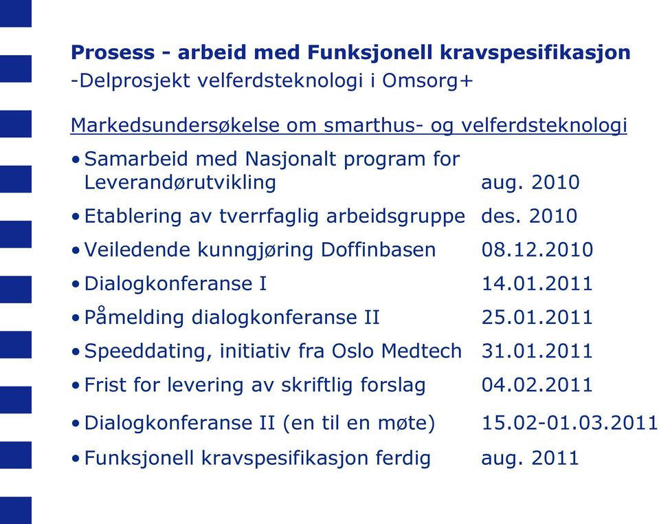 2010 Veiledende kunngjøring Doffinbasen 08.12.2010 Dialogkonferanse I 14.01.2011 Påmelding dialogkonferanse II 25.01.2011 Speeddating, initiativ fra Oslo Medtech 31.